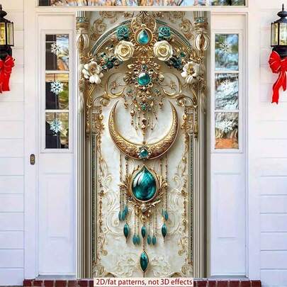 2D Polyester Ramadan Door Banner 1pc Exquisite Ornate Wall Decor With Golden Detailing, Blue Gem - Like Elements And Delicate Flowers Eid Al-Fitr Photo Props And Supplies, Suitable For Muslim Ramadan And Eid Al-Adha Celebrations, Islamic-Themed Holiday Decorations