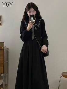 Y6Y 2025 Autumn/Winter Youthful Black Peter Pan Collar Slimming Black Dress For Women - Black - View 7