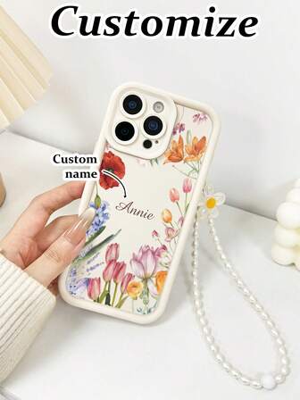 Customized Floral Name Design Shockproof Thick Phone Protective Case With Printed Wrist Strap, Suitable For IPhone 17/17Pro/17ProMax/17Air, 16/16Pro Max, XR, 7/8, 15ProMax, 12ProMax, 13ProMax, 14ProMax, 13, 14, 11, 12P, 14P, 11P, 12P, XS, XR, 7/8P, 7/8GES2, 11Pro, 12Pro, 13Pro, 14Pro, 15Pro, 16Pro