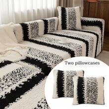 L Shape Sofa Cover For Sectional Sofa Couch Slipcover Stretch Velvet Sofa Slipcover For 3+3 Seat Sofa / 3+4 Seat Sofa Elastic Cozy Warm, Pet-Friendly Anti-Slip Anti-Dirt Furniture Protector, 2Pcs/Set Dual-Color Jacquard Plush Sofa Slipcovers, Includes 2 Pillow Cases For Universal Arm L Shape Sofa - 黑色 - 查看 6