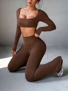 Aoqta Sports Women's Summer Casual Solid Color 2-Piece Set, Fitted Long Sleeve Crop Top With Chest Pads And Scoop Neck, High Waist Slimming Yoga Pants, Suitable For Yoga, Running, Workout, And Everyday Wear - Brown - View 5