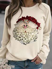 Christmas Outfit Womenchristmas Outfit WomenDrmWander Christmas Theme Graphic Print, High-Quality Pigment Dyed Holiday Pullover, Christmas Flower Round Neck Long SleeveLoose And Comfortablechristmas Sweater Womenchristmas Outfit Women - Màu be - Xem 3