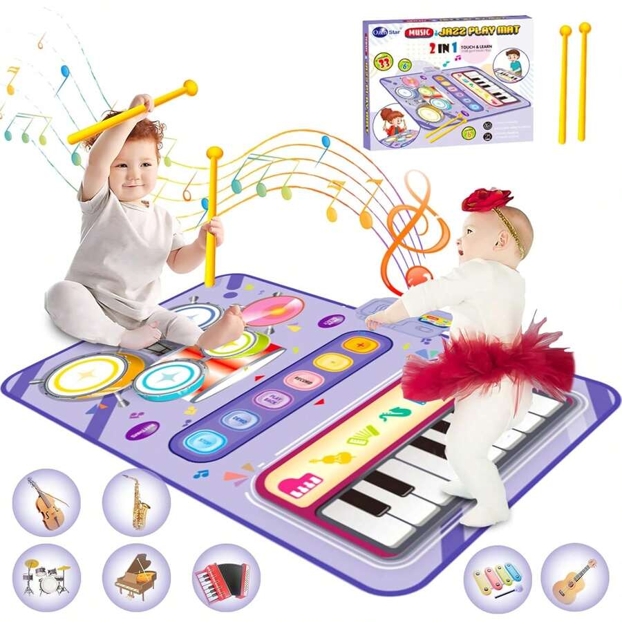 Tapete Musical para Niños,2-in-1 Tapete Musical con Tambor,Teclado de Suelo Plegable con Sonidos de Instrumentos con 13 Canciones de demostración y 8 Canciones rítmicas - Morado - Ver 1