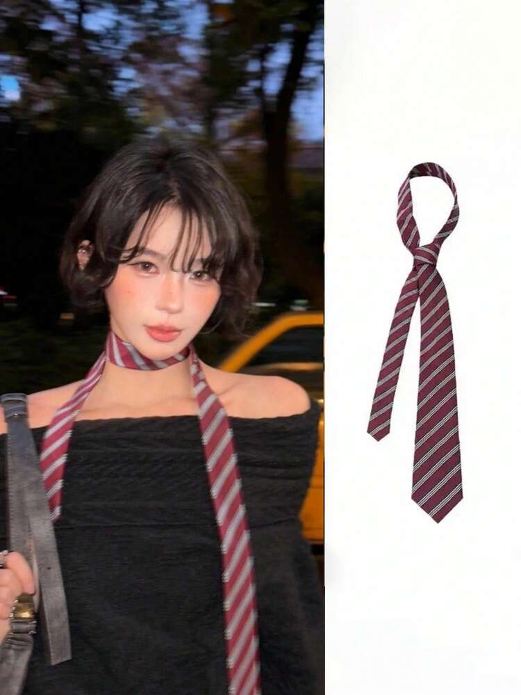 1 pièce Cravate rouge vif faite à la main, bandeau mode femme, cravate d'uniforme JK, design rayé long et mince, convient pour les occasions décontractées, les sorties de week-end, les rendez-vous, le campus, la photographie de rue et autres. Accessoire mode multifonctionnel, peut également être utilisé comme décoration et cadeau de la Saint-Valentin. - Rouge foncé - Voir 11