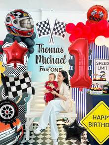 7pcs/Set Racing Car Theme Birthday Balloon Set, 32 Inch Red Number Balloons, 18 Inch Star Foil Balloons, Black & White Racing Flag Balloons, Helmet Balloon, Suitable For Birthday Party, Racing Theme, Celebration Decoration, Indoor & Outdoor Decor, Speed Racing Theme - Multicolor - View 7