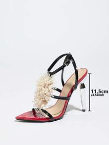 Damen High Heels, modisch für Frühlings-/Sommerfeste, Outdoor, elegante Bankette, elektroplattierte Spitzenschuhe mit Kontrastfarbe, Urlaubsparty Mode Glasstruktur Blumendekoration glamouröse rote Sandalen, geeignet für Hochzeit, Party, Büro, Outdoor, alle Jahreszeiten - Rot - Übersicht 4