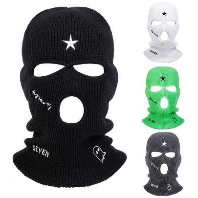 1pc Men's SEVEN Ghost Star Letter Embroidered Knit Beanie Hat, Three-Hole Balaclava, Outdoor Casual Hat Suitable For Autumn/Winter Travel, Windproof And Warm