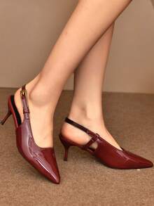 Sapatos de salto alto femininos bordô com bico fino, tira única, cano baixo, ideais para primavera/outono, sandálias de salto alto com bico aberto e salto gatinho. - Borgonha - Ver 6