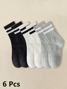 5双装女士纯色条纹时尚中筒袜，颜色包括黑色、白色、灰色、粉色和棕色。这款条纹袜舒适休闲，适合日常穿着、旅行、上学以及搭配裙装。四季皆宜，是理想的圣诞礼物。 - 多色B - 查看 10