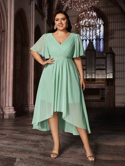 Romantic Plus Size Women Deep V Neck Short Flounce Sleeve Curve Ruched Gathered Bust Chiffon Bridesmaid Dress