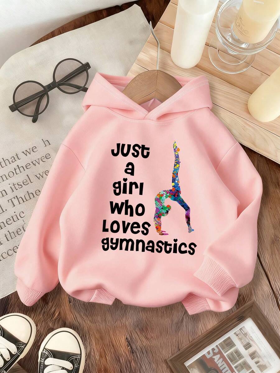 Tween Girl Long Sleeved Hooded Pullover With "Just A Girl Who Loves Gymnastics" Print Pattern, Casual Autumn And Winter - Pink - View 1