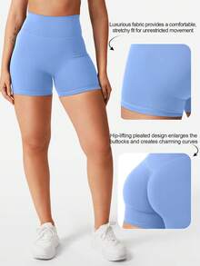YEOREO Women's Biker Shorts 4.5" Workout Gym Shorts Craze High Waist Tummy Control Hidden Scrunch Running Yoga Shorts - 淺藍 - 查看 2