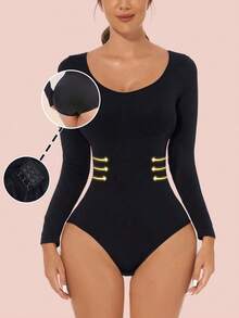 Women's Black Seamless Shapewear Bodysuit, Tummy Control And Butt Lifting, Long Sleeve - White - View 1