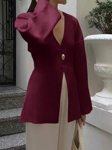 PoPoHouse Women's Top Suitable For Wear Daily Commuting To Work And Office Deep V-Half Open Solid Color Long Sleeved Slim Design Warm And Comfortable - Red Violet - View 3