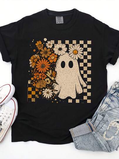 Whimsical R Floral Ghost Halloween T-Shirt, Wo's Halloween Shirt, Cute Ghost Tee, Spooky Ghost Fall Aesthetic Floral Halloween Shirt