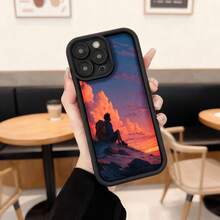 Funda para teléfono con borde negro diseño de atardecer con persona sentada en montaña paisaje dramático para uso diario y viajes Aplicable a los teléfonos de la serie Apple y Galaxy - Blanco - Ver 1