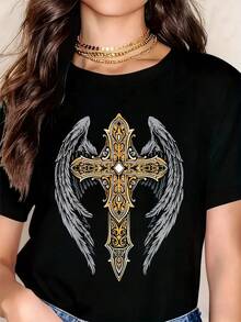 Angel Wings Cross Design Women's T-Shirt Elegant Gold Ornate Religious Symbol Short Sleeve Top For Casual Wear And Faith-Based Fashion,Happy New Year Shirts - 黑色 - 查看 1