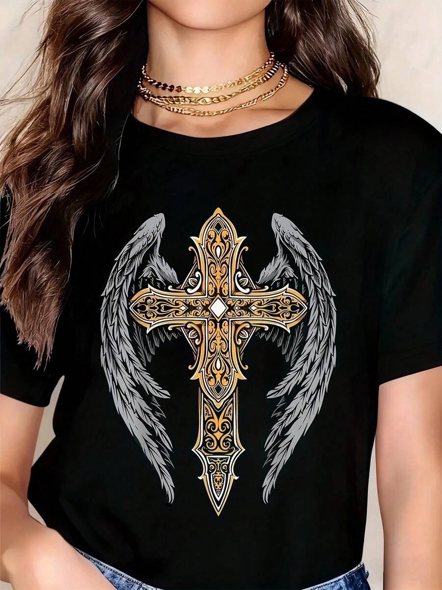 Angel Wings Cross Design Women's T-Shirt Elegant Gold Ornate Religious Symbol Short Sleeve Top For Casual Wear And Faith-Based Fashion,Happy New Year Shirts - 黑色 - 查看 1