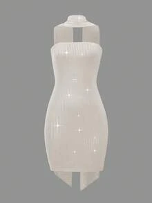 Đầm ôm sát gợi cảm không dây vai dành cho nữ của Unadoll, kèm khăn choàng trang trí, thích hợp cho tiệc cocktail, sinh nhật, lễ tốt nghiệp, lễ hội âm nhạc, ngày Valentine, tiệc tùng và các dịp khác như đám cưới, mùa xuân. - Màu be - Xem 4