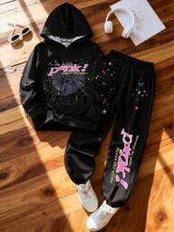 Set de 2 piezas de sudadera con capucha y pantalón con cordón estampado de letra y telaraña para niños preadolescentes, para primavera/otoño