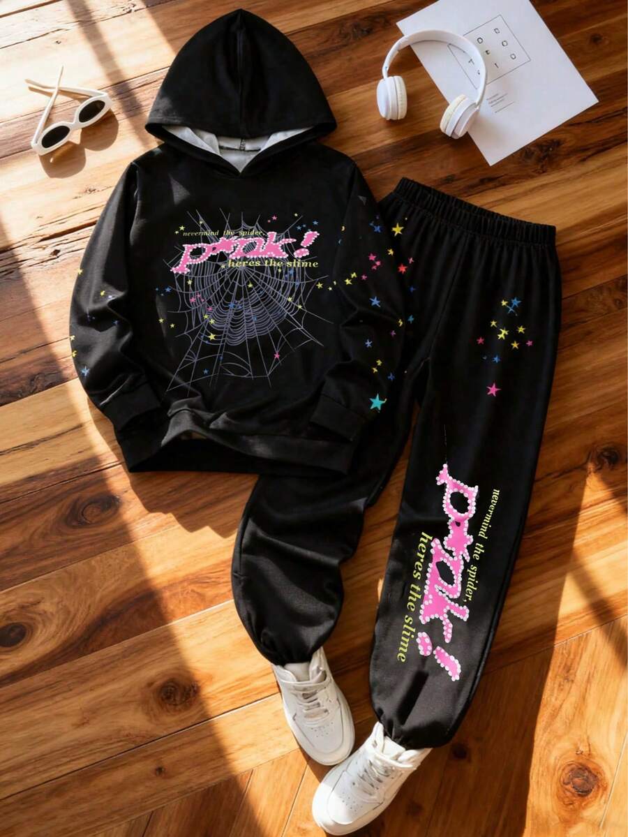 Set de 2 piezas de sudadera con capucha y pantalón con cordón estampado de letra y telaraña para niños preadolescentes, para primavera/otoño - Negro - Ver 1