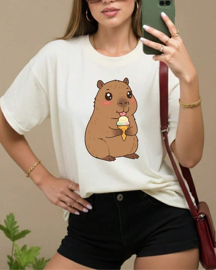 Women's T-Shirt 100% Cotton Cute Capybara Print Eating Ice Cream Short Sleeve Crew Neck T-Shirt Cute Casual Comfortable And Stylish White - 白色 - 查看 1
