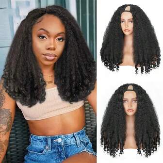 Afro Curly V Part Wig With Bouncy Curls Synthetic Kinky Straight Glueless Hair For Women No Leave Out Clip In Half Wig