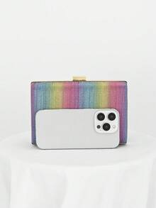 Geantă de seară în formă de cutie pentru femei, cu dungi curcubeu, design simplu și sclipici, pentru nuntă romantică, poșetă pentru ocazii formale, geantă de mireasă, geantă pentru rochie de gală formală cu lanț - Multicolor - Vizualizare 3