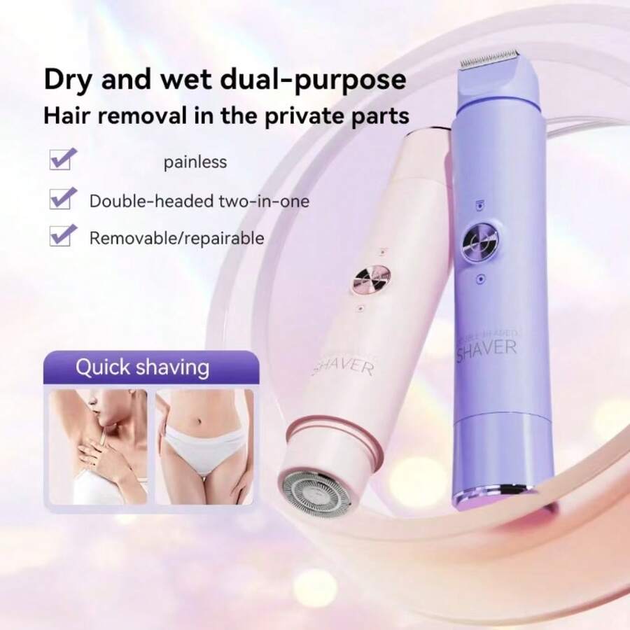 可充电电动剃须刀，二合一电动剃须刀，无线比基尼修剪器，可拆卸刀头女士脱毛器，触感柔软，防水设计，干湿两用，USB充电，便携式，适用于比基尼线、腋下、腿部和身体，眉毛修整工具，旅行配件，脱毛器，面部脱毛器，剃刀，敏感部位剃刀，300mAh - 彩色 - 查看 1