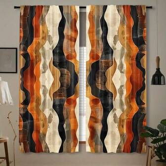 2pcs African Fabric Printed Curtains - Fashionable Pole Mouth Curtains, Corrugated Design, Brown, Black, Beige And Orange, Suitable For Bedroom And Living Room Decoration (Excluding Poles), Blackout Curtains | Corrugated Folding Curtains | Pole Mouth Hanging, Bedroom Curtains