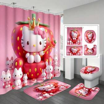  Juego de 1 pieza/3 piezas/4 piezas de cortina de ducha de Hello Kitty de Sanrio, que incluye una cortina de ducha con 12 ganchos, alfombra de baño antideslizante, alfombra en forma de U para el inodoro, tapa del inodoro, accesorios de baño, alfombras decorativas para el hogar de primavera, regalos festivos