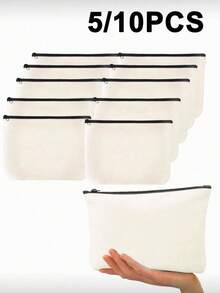 5/10个装米色空白帆布拉链袋 - 多功能DIY手工、化妆品和铅笔收纳袋，适合旅行和收纳，手工收纳 | 简约设计 | 拉链袋，用于存放化妆品、洗漱用品和文具，白色带黑色拉链，洗漱包