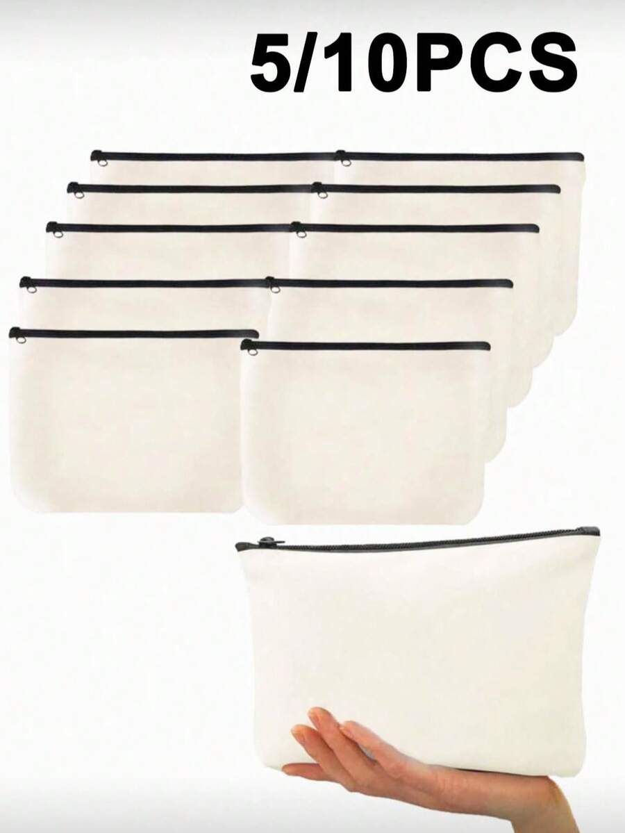 5/10个装米色空白帆布拉链袋 - 多功能DIY手工、化妆品和铅笔收纳袋，适合旅行和收纳，手工收纳 | 简约设计 | 拉链袋，用于存放化妆品、洗漱用品和文具，白色带黑色拉链，洗漱包