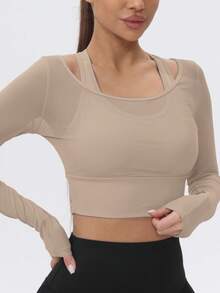 1件装女士网眼长袖短款瑜伽运动T恤，内置胸垫