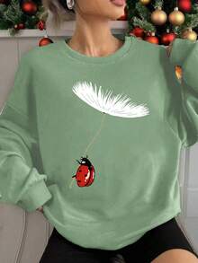 女士秋冬蒲公英瓢虫印花圆领休闲日常运动上衣；饰有蓬松的蒲公英印花和茎上的可爱瓢虫印花；一款趣味十足的瓢虫印花秋冬上衣。 - 薄荷綠 - 查看 6