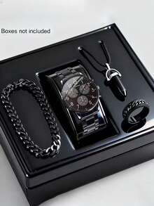 4pcs Men's Steel Band Quartz Watches, Sports Chronograph Watches - Perfect For Halloween, Christmas, Thanksgiving, Valentine's Day, Etc. - Ideal Gift For Boyfriend Or Family - Black - View 3