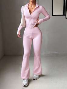 Aoqta Sports 女士夏季休闲纯色两件套，修身长袖拉链立领上衣搭配高腰显瘦喇叭裤，适合瑜伽、跑步、健身和日常穿着。 - 粉色 - 查看 3