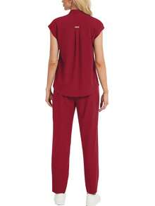 Set de 2 piezas de ropa de estar en casa de primavera con top de cuello alto y mangas cortas de unicolor y pantalones largos - Burdeos - Ver 3