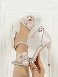 SOLE STORY Women's 3D Floral Rhinestone Decor Open Toe Ankle Strap Stiletto High Heels, Elegant Bridal Style, Nude Leather High Heel Sandals, Suitable For Wedding And Formal Events,Spring Summer Outfits - Apricot - View 5