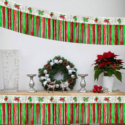 1件3米红绿珠帘流苏背景装饰，大型派对背景布，适用于圣诞派对用品和装饰