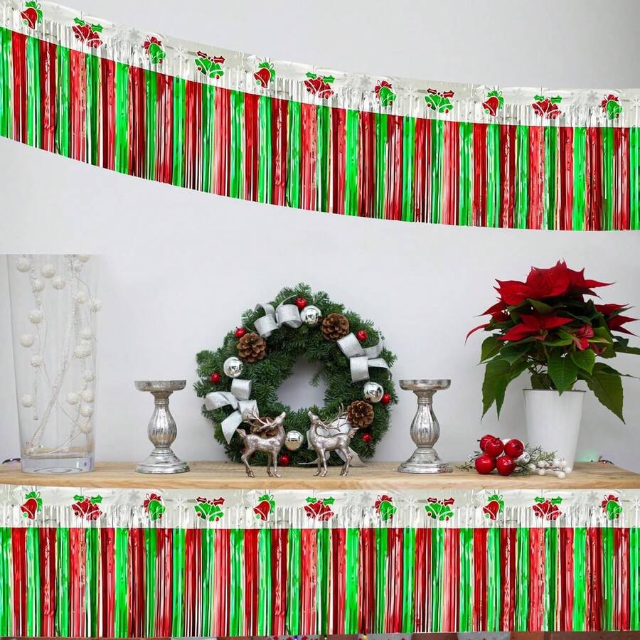 1pc 3m Red & Green Beaded Curtain Tassel Backdrop Decor, Large Party Background Cloth, For Christmas Party Supplies And Decorations - Multicolor - View 1