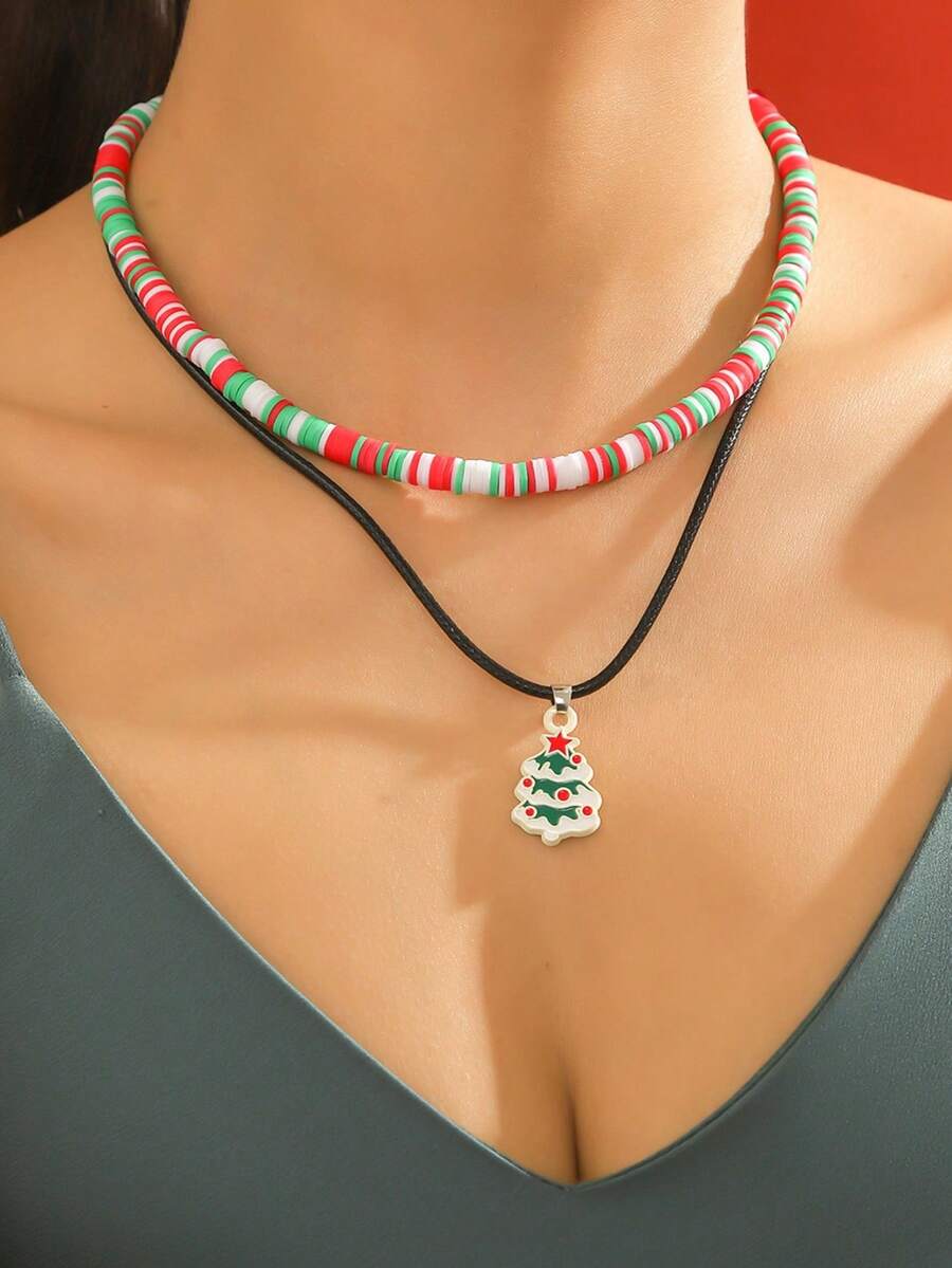 1件圣诞项链（圣诞老人/圣诞树/雪人），时尚多层圣诞项链，适合圣诞节佩戴 - 彩色 - 查看 1
