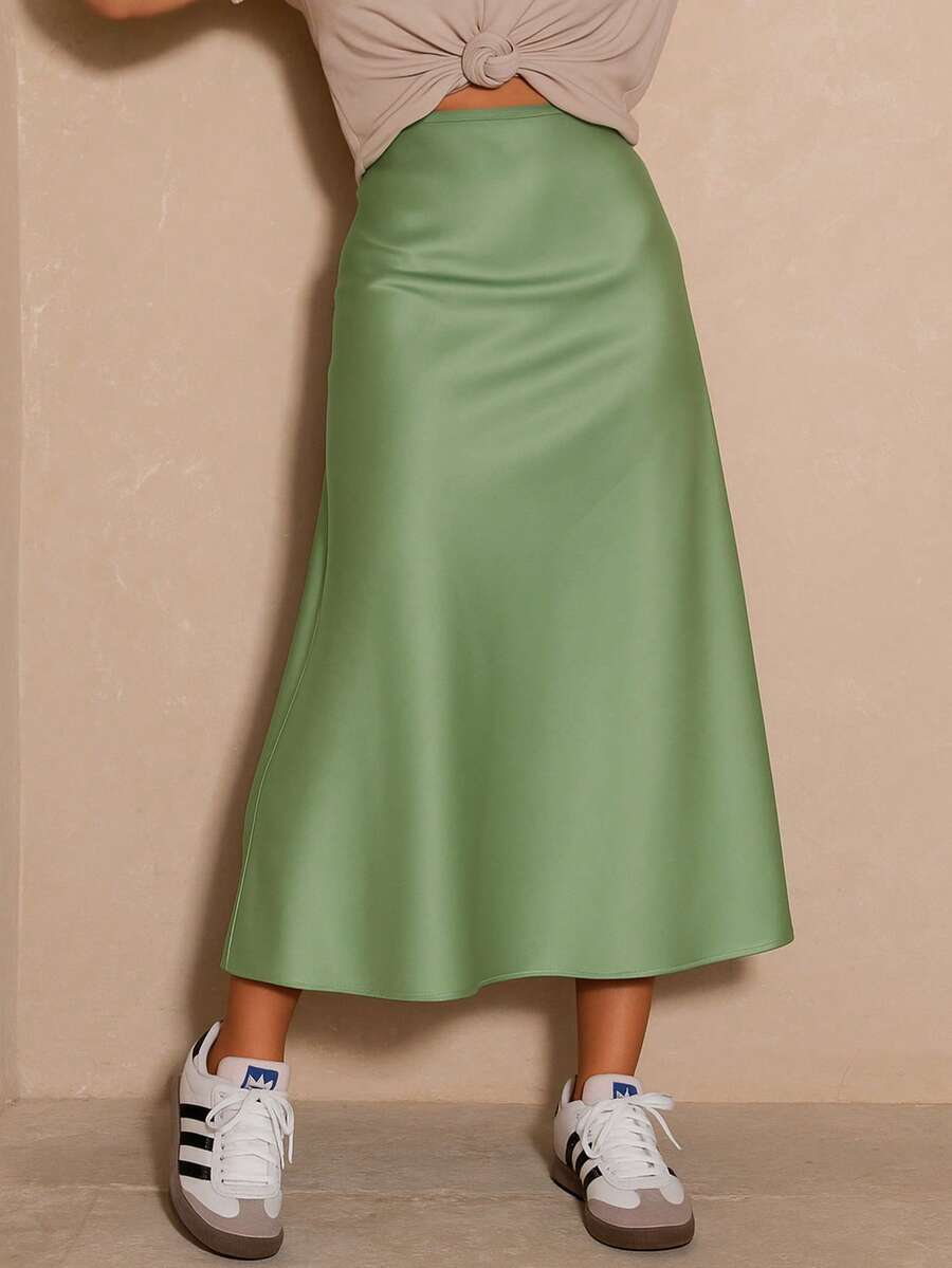 Women's Satin Midi/Long Skirt With High Waist, Elegant And Luxurious - Verde Claro - 查看 1