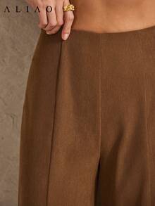 Aliao优雅灯芯绒阔腿裤，适合音乐会、秋季穿着，纯色设计，也可作为正式场合或新年服装穿着。 - 棕色 - 查看 2