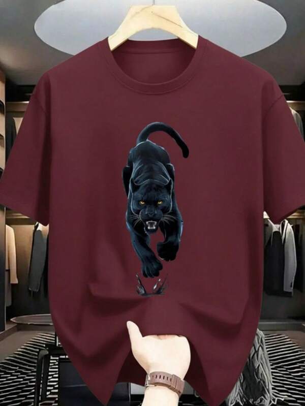 Camiseta Masculina Presente Para Ele Estampada Onça  Preta Casual Confortável Academia Treino Camisa Com Gola Redonda E Manga Curta