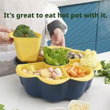 分格旋转火锅蔬菜盘，双层塑料创意多功能圆形小碟，适用于家庭厨房配菜