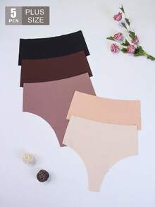 Conjunto de 5 calcinhas modeladoras plus size de cintura alta, modelo fio dental sexy, confortáveis e respiráveis, sem costura, simples, versáteis e de cor sólida. - Multicolorido - Ver 4