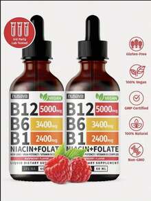 Nusava Vitamin B12+B6 Liquid Drops Sublingual Energv & Brain Support With Methylcobalamin B1 Folic Acid Raspberry Flavor Gluten-Free Vegan GMP Certified Non-GMO - 2PCS - 查看 1