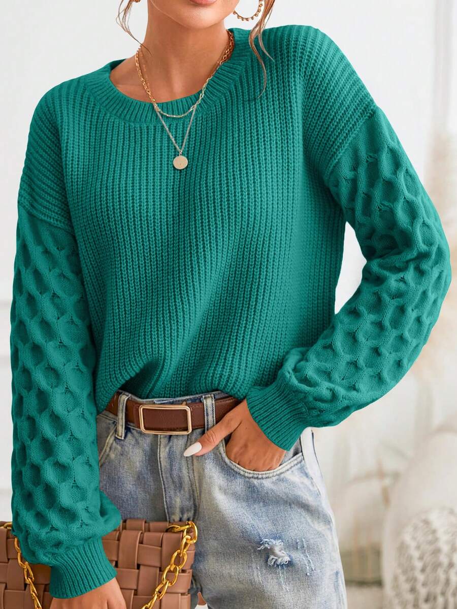 Women's Winter Pullover Sweater Casual Long Sleeve Round Neck Loose Thick Knit Pullover Shirt - 綠色 - 查看 1