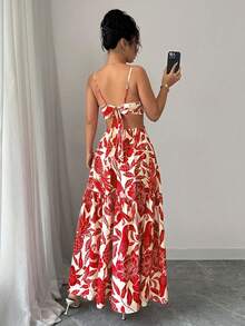 Women's Long Printed Dress With Side Cutouts And Front Ring, Elegant Look - Đỏ - Xem 10